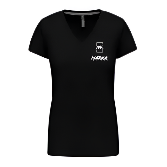 T-shirt col en V Noir MARKK Brodé Blanc (Femme)